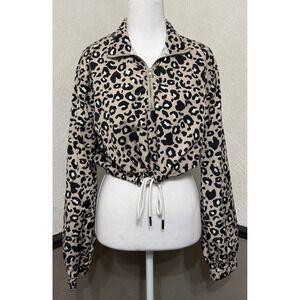 Forever 21 Women's L Leopard Print Cropped Cinched Waist Windbreaker Jacket Zip